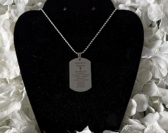Serenity Prayer etched Stainless Steel dog tag style ball  pendant necklace
