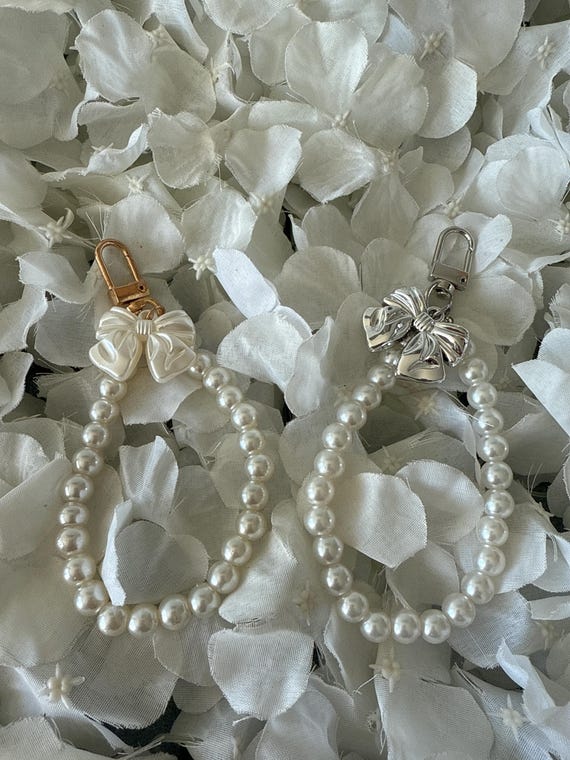 faux pearl bag clip on bag charms keyrings keychain, with silver or pearl  bow charm