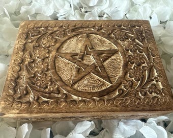 Beautiful Rustic  Hand carved  Pentagram Design   Tarot card/ Crystal / Jewellery Hinged Wooden Box