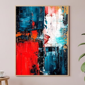 Abstract Red Teal Black Wall Art, Bold Modern Textured Abstract Painting, Expressive Statement Print