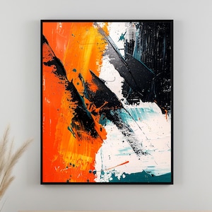 Abstract Orange Black Teal Wall Art, Bold Textured Statement Painting, Expressive Brushstrokes Contemporary Artwork