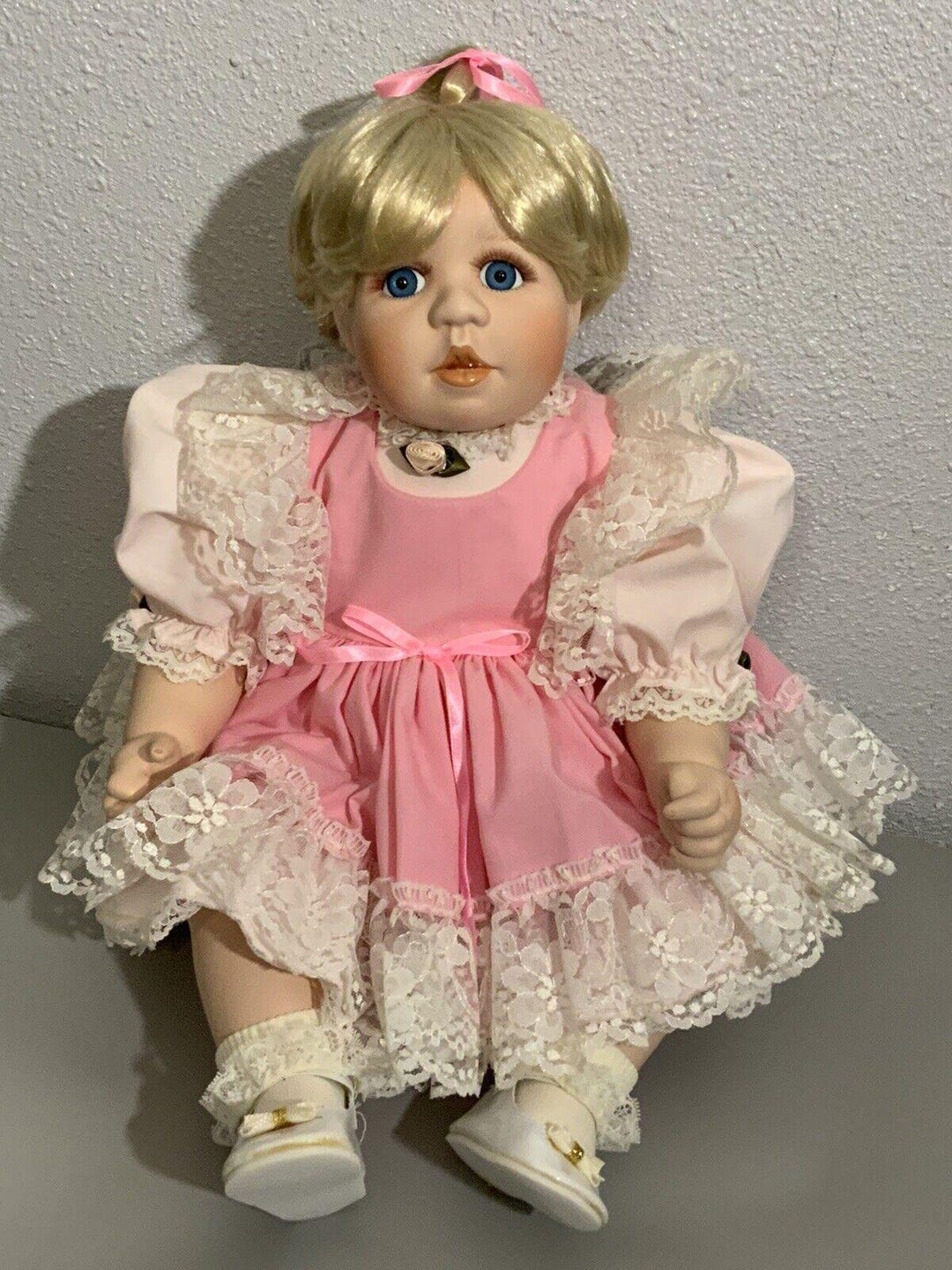 World Gallery Baby Love Porcelain Doll Life Size Blonde Blue Eyes