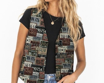 Vintage 90s Fitting Image License Plate Tapestry Vest Womens Large Boho USA