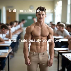 May include: A shirtless man with a muscular physique stands in a classroom setting. He is wearing khaki pants and has a confident expression on his face. The text "truth male beauty youth love" is written on the wall behind him.