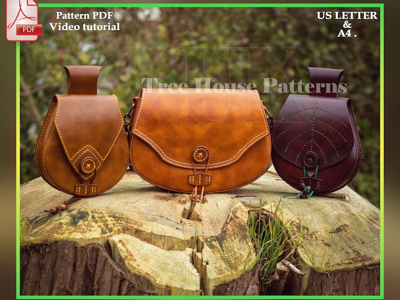 May include: Three leather bags in different colors and styles. The bags are sitting on a wooden surface. The text "Tree House Patterns" is visible in the background.