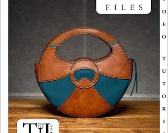 May include: A circular handbag featuring brown and teal leather panels with decorative stitching. The bag has a cutout handle at the top and a side zipper pull. Text in the image includes PDF FILES and TREE HOUSE PATTERNS VIDEO TUTORIAL.