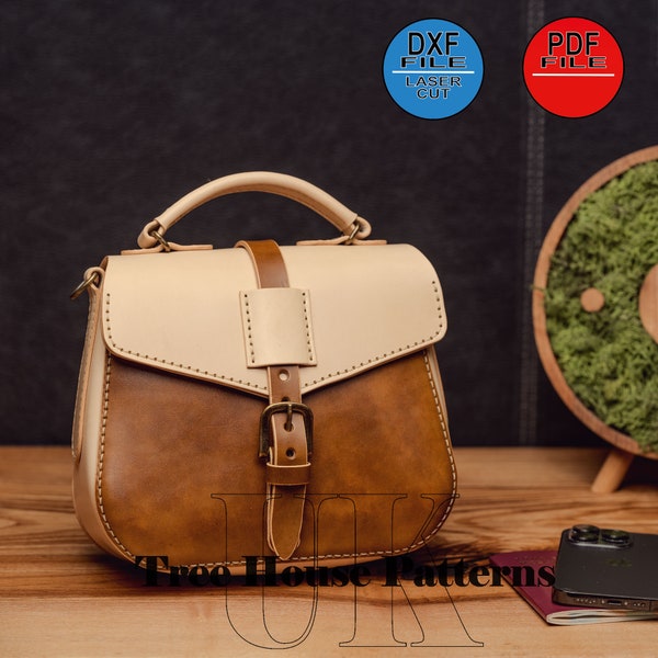Leather pattern DXF and PDF for small handbag, shoulder bag - laser pattern for women crossbody bag