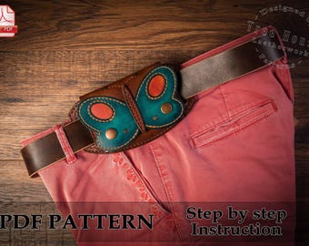 Patrón PDF para cartera con cinturón de mariposa, plantilla digital para cartera de cuero