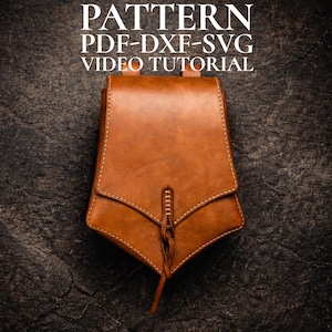 May include: A brown leather pouch with white stitching and a flap closure. The pouch has a unique shape and a decorative leather cord. The text "PATTERN PDF-DXF-SVG VIDEO TUTORIAL" is at the top.
