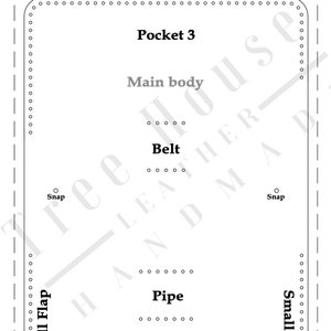 May include: A black and white line drawing of a leather goods pattern with the text "SAMPLE", "Pocket 3", "Main body", "Belt", "Snap", "Small Flap", "Pipe", "Pocket", and "Tree House Leather. All Rights Reserved".