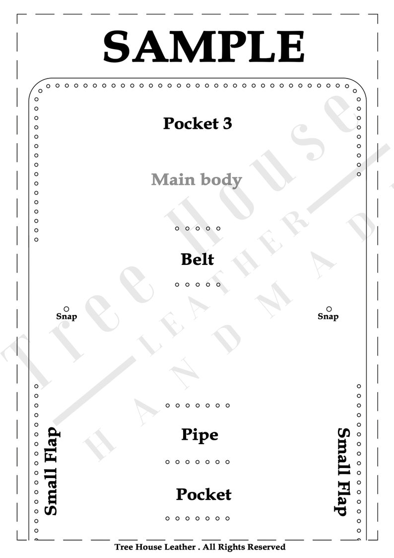 May include: A black and white line drawing of a leather goods pattern with the text "SAMPLE", "Pocket 3", "Main body", "Belt", "Snap", "Small Flap", "Pipe", "Pocket", and "Tree House Leather. All Rights Reserved".