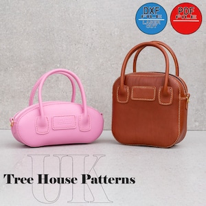 Könnte beinhalten: Zwei Ledertaschen, eine rosa und eine braune, mit einem gesteppten Design. Die Handtaschen befinden sich auf einem grauen, strukturierten Hintergrund. Der Text "Tree House Patterns" befindet sich unter den Handtaschen.