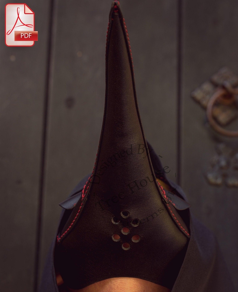May include: A black leather plague doctor mask with a long, pointed beak and red stitching. The mask has a series of small holes around the mouth area.