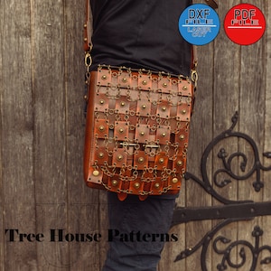May include: A brown leather crossbody bag with a flap closure, adorned with square leather patches connected by metal chains and rivets. The bag has a long adjustable strap and a metal clasp. The text "Tree House Patterns" is visible at the bottom.