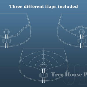 May include: Three different flap designs for a leather bag pattern. The pattern is shown in white on a blue background. The text "Tree House Patterns" is visible in the bottom right corner of the image.