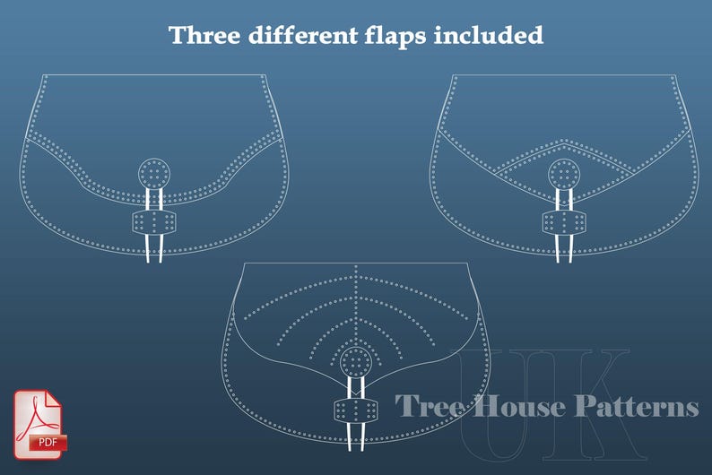 May include: Three different flap designs for a leather bag pattern. The pattern is shown in white on a blue background. The text "Tree House Patterns" is visible in the bottom right corner of the image.