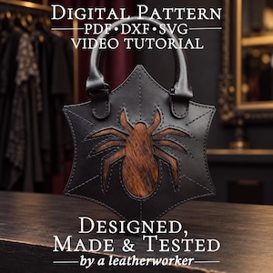 Puede incluir: Un bolso de mano de cuero negro con forma de estrella de seis puntas y una incrustación de araña marrón. El bolso tiene un asa superior y costuras visibles. Texto: DIGITAL PATTERN PDF DXF SVG VIDEO TUTORIAL DESIGNED, MADE & TESTED by a leatherworker.