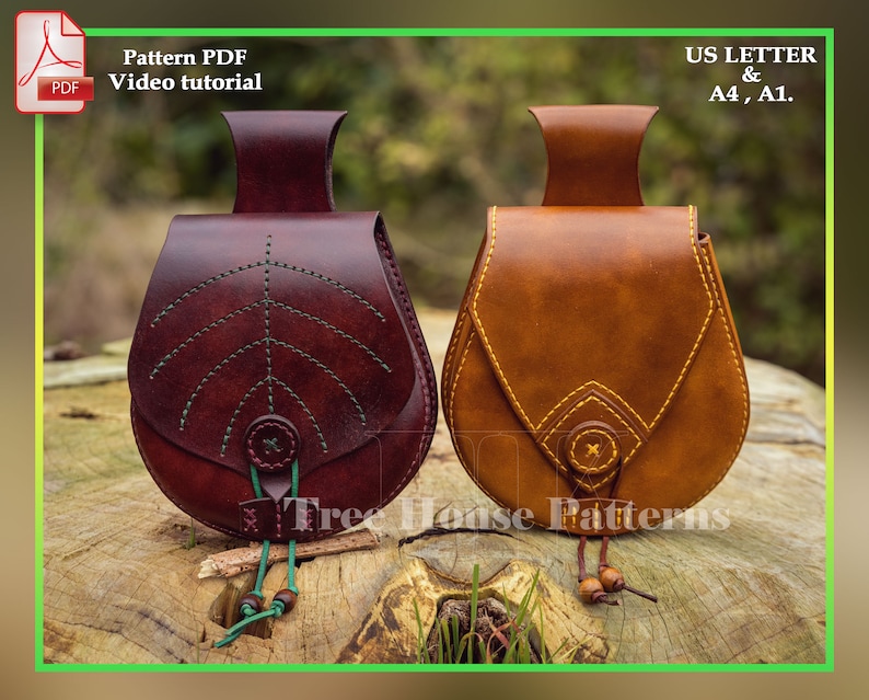 May include: Two leather pouches with different designs. The pouch on the left has a brown leather body with a green leaf design and a green cord. The pouch on the right has a tan leather body with a diamond pattern and a brown cord. Both pouches have a flap with a button closure.