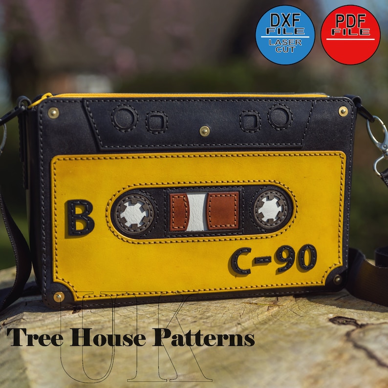 Leather cassette tape shoulder bag PDF and DXF digital pattern, retro style crossbody bag laser pattern and PDF image 5