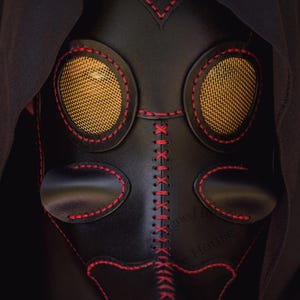 May include: A black leather mask with red stitching and gold mesh eye coverings. The mask has a long nose and a stitched design on the front.