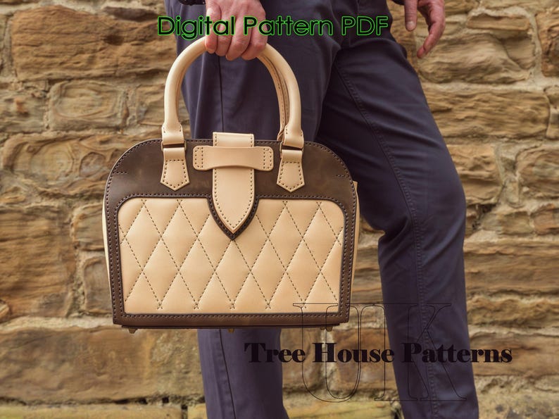 May include: A brown and tan leather handbag with a quilted design and a top handle. The bag has a flap closure with a buckle and a brown leather strap. The text "Digital Pattern PDF" and "Tree House Patterns" is visible in the image.