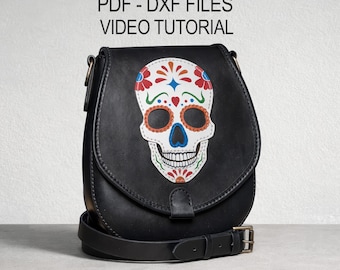 Patrón de bolso de cuero en PDF, bolso bandolera con calavera en DXF, bolso gótico cortado con láser, diseño de bolso de Halloween