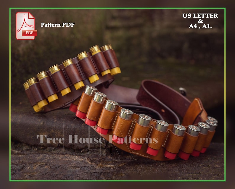 May include: Two leather shotgun shell belts, one with yellow shells and one with red shells. The belts are on a brown rocky surface. The text 'Tree House Patterns' is visible in the image. The text 'Pattern PDF' and 'US LETTER & A4, A1.' is also visible in the image.