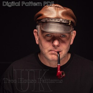 May include: A man wearing a brown leather cap with a black strap and a black t-shirt. He is holding a brown and black pipe in his mouth. The text "Tree House Patterns" is visible at the bottom of the image.