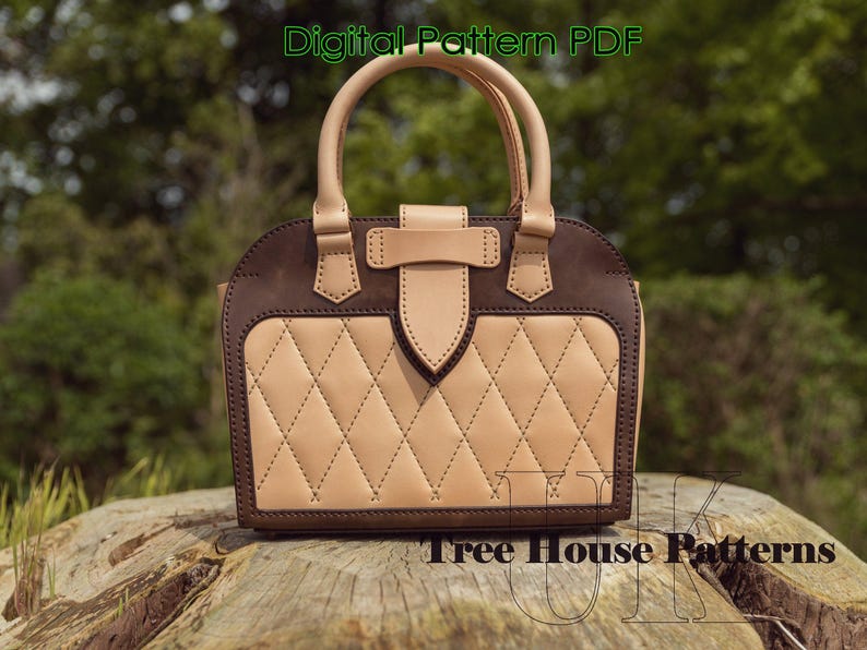 May include: A brown leather handbag with a quilted beige flap and a brown leather handle. The bag is sitting on a wooden surface. Digital Pattern PDF.