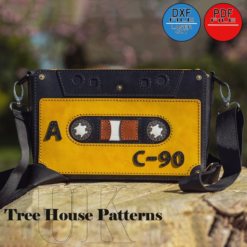 Leather cassette tape shoulder bag PDF and DXF digital pattern, retro style crossbody bag laser pattern and PDF image 3