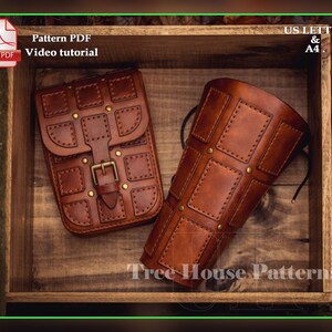 May include: Two brown leather bags with a stitched pattern and metal accents. The bags are in a wooden box. The text "US LETTER & A4." is visible in the upper right corner of the image. The text "Tree House Patterns" is visible in the lower right corner of the image.