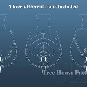 May include: Line drawing of three different bag flap designs. Each flap has a different style of stitching and a decorative buckle. The text "Three different flaps included" is at the top of the image. The text "Tree House Patterns" is at the bottom of the image.