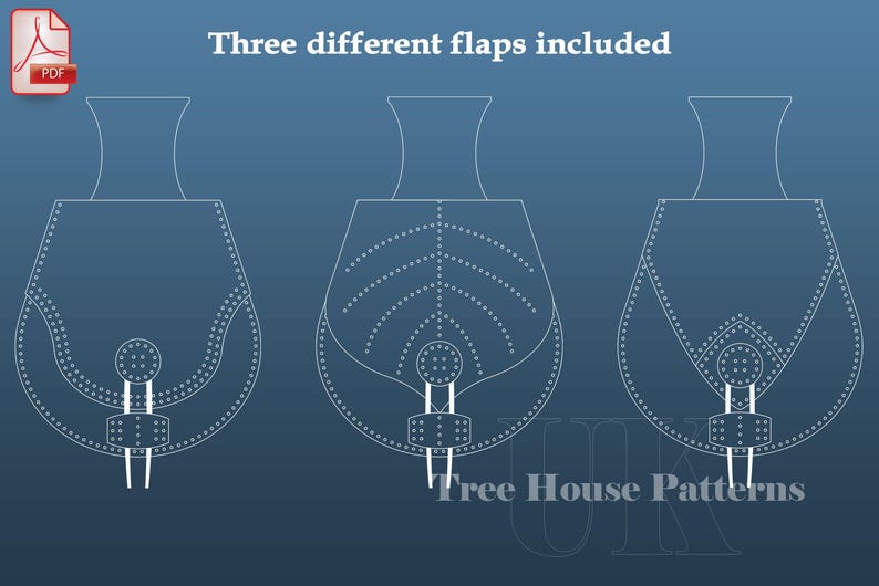 May include: Line drawing of three different bag flap designs. Each flap has a different style of stitching and a decorative buckle. The text "Three different flaps included" is at the top of the image. The text "Tree House Patterns" is at the bottom of the image.