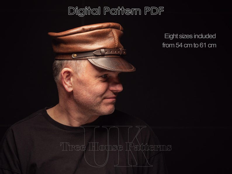 May include: A brown leather cap with a brim and a strap. The cap is on a person's head. The text "Digital Pattern PDF" is at the top of the image. The text "Eight sizes included from 54 cm to 61 cm" is at the top right of the image. The text "Tree House Patterns" is at the bottom of the image.