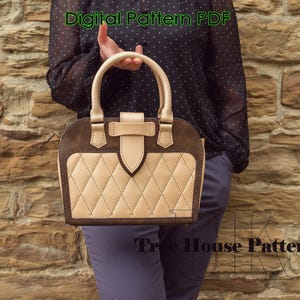 May include: A brown and tan leather handbag with a quilted design and a flap closure. The bag has a top handle and a decorative buckle. The text "Digital Pattern PDF" and "Tree House Patterns" is visible in the image.