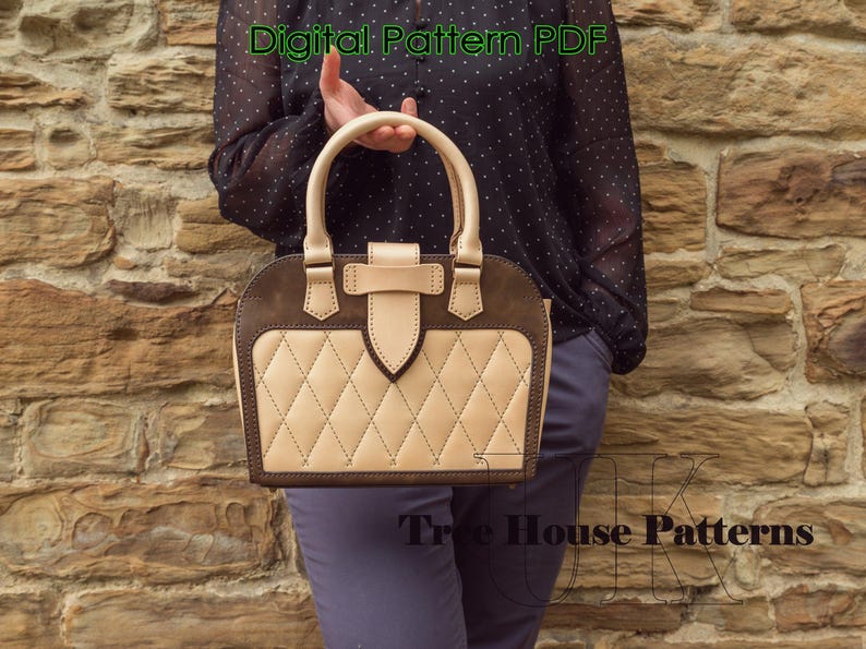 May include: A brown and tan leather handbag with a quilted design and a flap closure. The bag has a top handle and a decorative buckle. The text "Digital Pattern PDF" and "Tree House Patterns" is visible in the image.