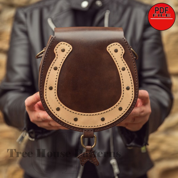 Small saddle bag with horseshoe motive leather pattern PDF - saddle purse digital template