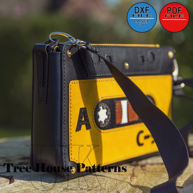 Leather cassette tape shoulder bag PDF and DXF digital pattern, retro style crossbody bag laser pattern and PDF image 4