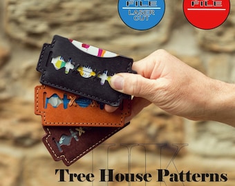 May include: Three leather card holders with a razor blade design. The card holders are brown, orange, and black. The image includes the text "Tree House Patterns" and two icons: "DXF FILE LASER CUT" and "PDF FILE".