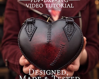 Patrón de bolso de cuero, plantilla de bolso con forma de corazón en formato PDF, DXF y SVG.