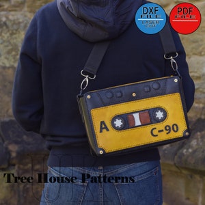 Leather cassette tape shoulder bag PDF and DXF digital pattern, retro style crossbody bag laser pattern and PDF image 1