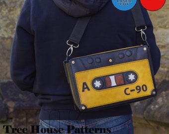 Leather cassette tape shoulder bag PDF and DXF digital pattern, retro style crossbody bag laser pattern and PDF