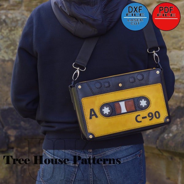 Leather cassette tape shoulder bag PDF and DXF digital pattern, retro style crossbody bag laser pattern and PDF