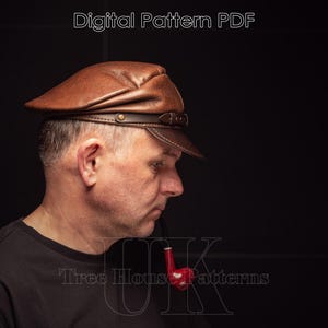 May include: A brown leather cap with a brim and a single button on the front. The cap is worn by a person with a red pipe in their mouth. The text "Tree House Patterns" is visible in the lower right corner of the image.