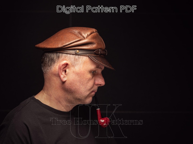 May include: A brown leather cap with a brim and a single button on the front. The cap is worn by a person with a red pipe in their mouth. The text "Tree House Patterns" is visible in the lower right corner of the image.