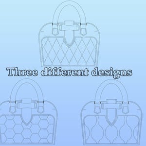 May include: Three different designs of a quilted handbag with a top handle and a decorative buckle closure.