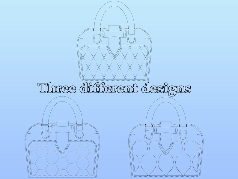 May include: Three different designs of a quilted handbag with a top handle and a decorative buckle closure.