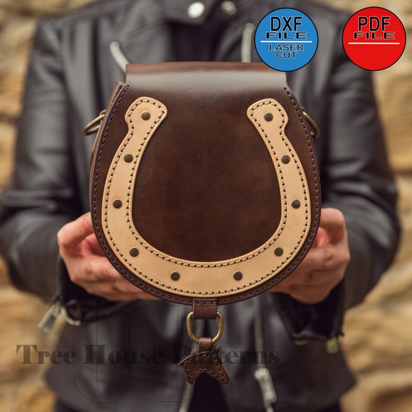 Small saddle bag with horseshoe motive leather pattern DXF and PDF - saddle purse laser digital template - laser bag pattern