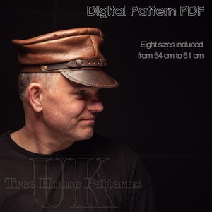 May include: A brown leather cap with a strap and buckle. The cap is worn by a person with a beard. The text "Digital Pattern PDF" and "Tree House Patterns" is visible in the image. Eight sizes are included, from 54 cm to 61 cm.