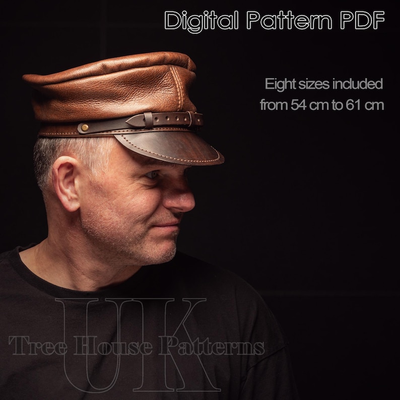 May include: A brown leather cap with a strap and buckle. The cap is worn by a person with a beard. The text "Digital Pattern PDF" and "Tree House Patterns" is visible in the image. Eight sizes are included, from 54 cm to 61 cm.